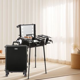 Makeup Train Case With Lock, Lighted Mirror, 4 Storage Trays, Brush Holder, Travel Cosmetic Organizer Box W/ Swivel Wheels, Professional Artist T (Option: Black)