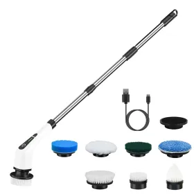 Electric Spin Scrubber Cordless Rechargeable Telescopic Cleaning Brush 8 Replaceable Heads 2 Speed Adjustable Extension Arm Bathroom Tub Tile Flo (Option: Silver)