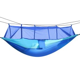 600lbs Load 2 Persons Hammock w/Mosquito Net Outdoor Hiking Camping Hommock Portable Nylon Swing Hanging Bed w/ Strap Hook Carry Bag (Color: Blue, size: One size)